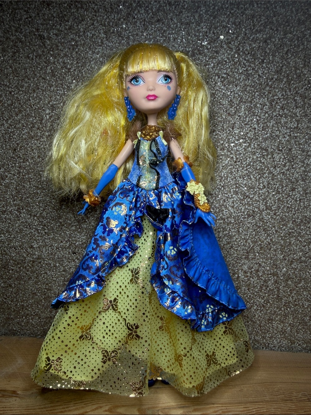 Blonde Fashion Doll in Blue and Yellow Ball Gown